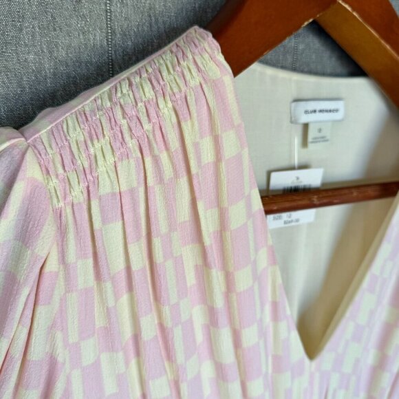 Club Monaco Pink Cream Check Print Puff Sleeve Shark Bite Hem Midi Dress Size 12 - Picture 5 of 16
